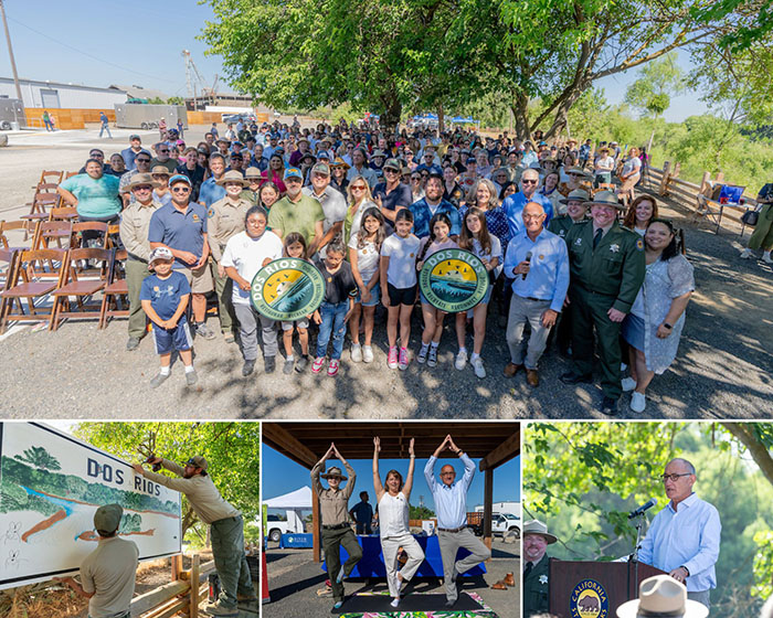Top: Group photo of the opening day attendees. Bottom left: Artists paint a Dos Rios mural. Bottom middle: State Park Interpreter Ali Manzo, Executive Director of California State Parks Foundation Rachel Norton, and State Parks Director Armando Quintero participate in California State Parks Week activities at Dos Rios. Today’s theme is “Explore New Experiences.” Bottom right: Director Quintero speaks at the opening ceremony. Photos from California State Parks.